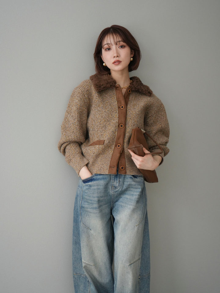 [予約]襟ボアミックスヤーンニットカーディガン/brown