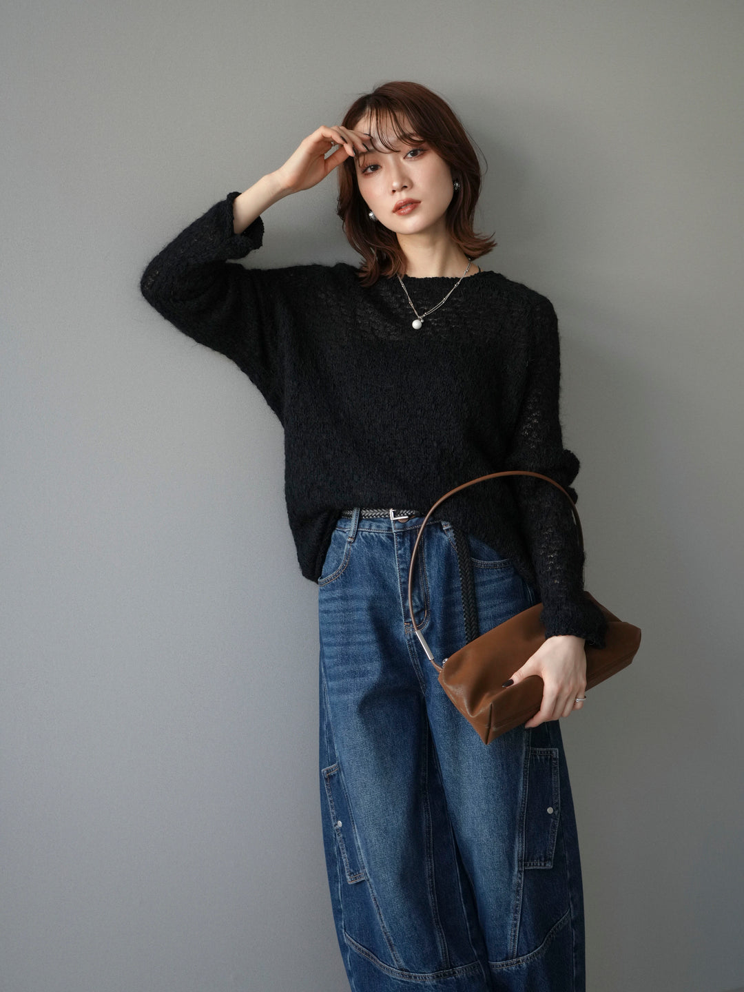 [予約]透かし編みモヘアタッチポコポコニットプルオーバー/black