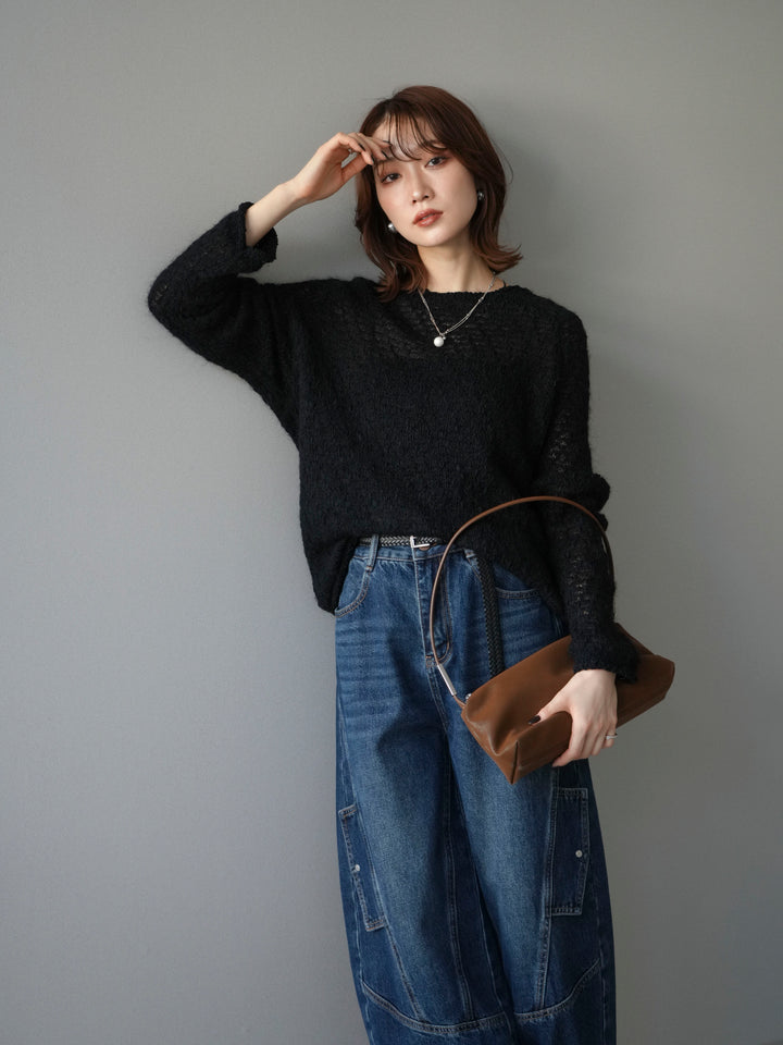 [予約]透かし編みモヘアタッチポコポコニットプルオーバー/black