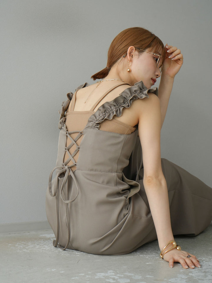 [預訂] 繫帶荷葉邊連身衣/灰褐色