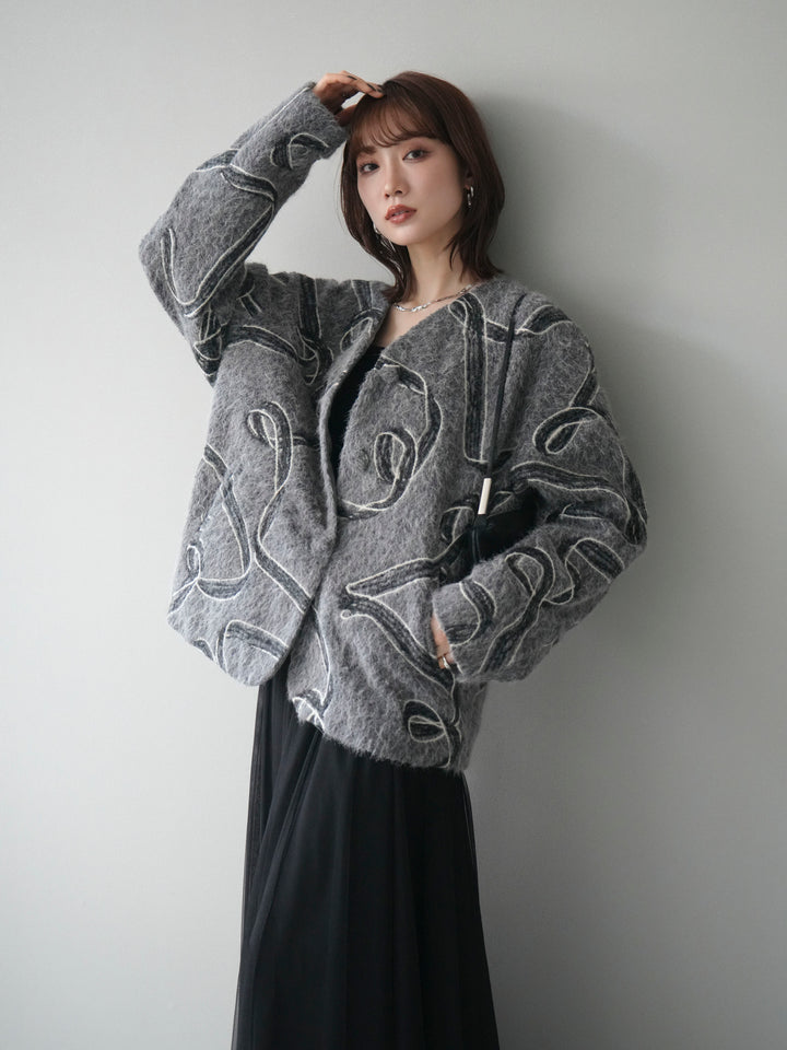 [予約]ニュアンス刺繍ブークレニットジャケット/gray