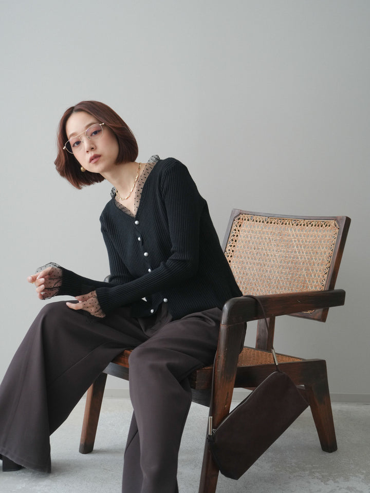 [予約]チュールドッキングパールボタンニットカーディガン/black