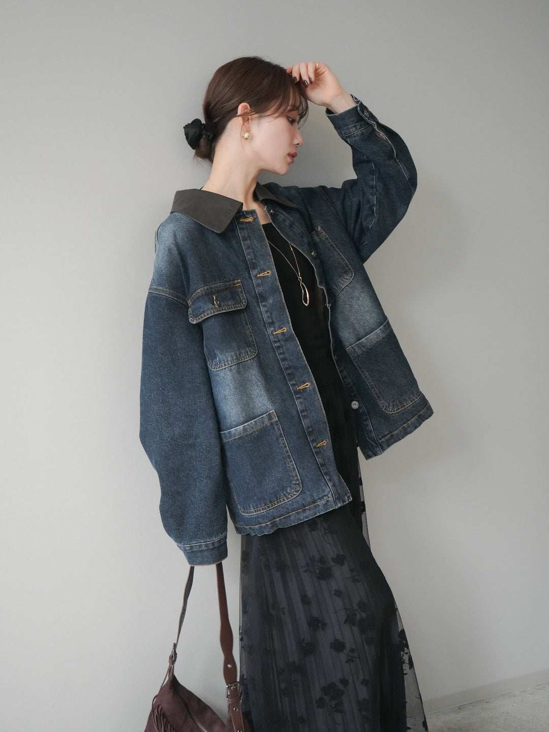 [SET]裏地ファーデニムフライトジャケット+フラワーフロッキーチュールプリーツスカート(2set)