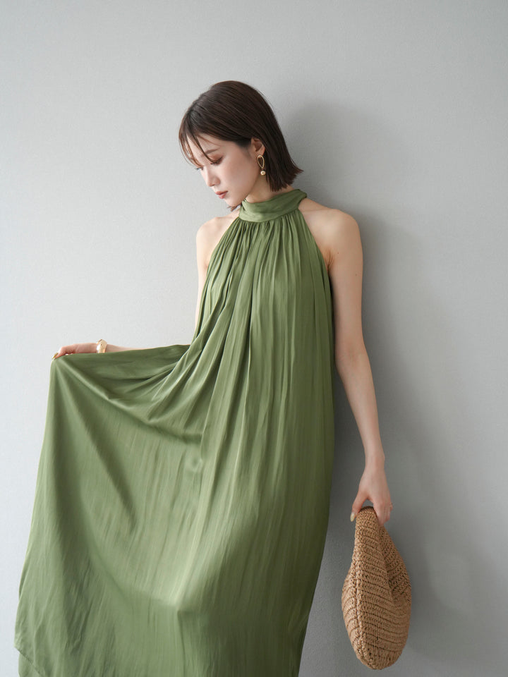 [予約]シャイニーホルターワンピース/グリーン