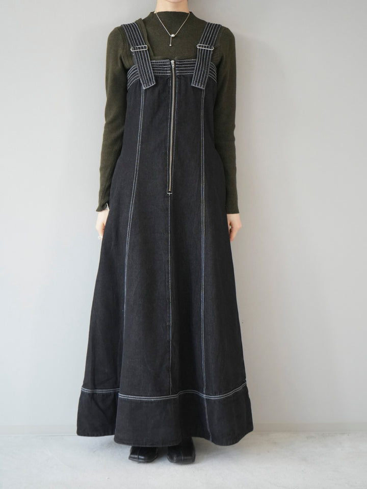 [Pre-order] Color-matched stitched front zip denim jumper skirt/black