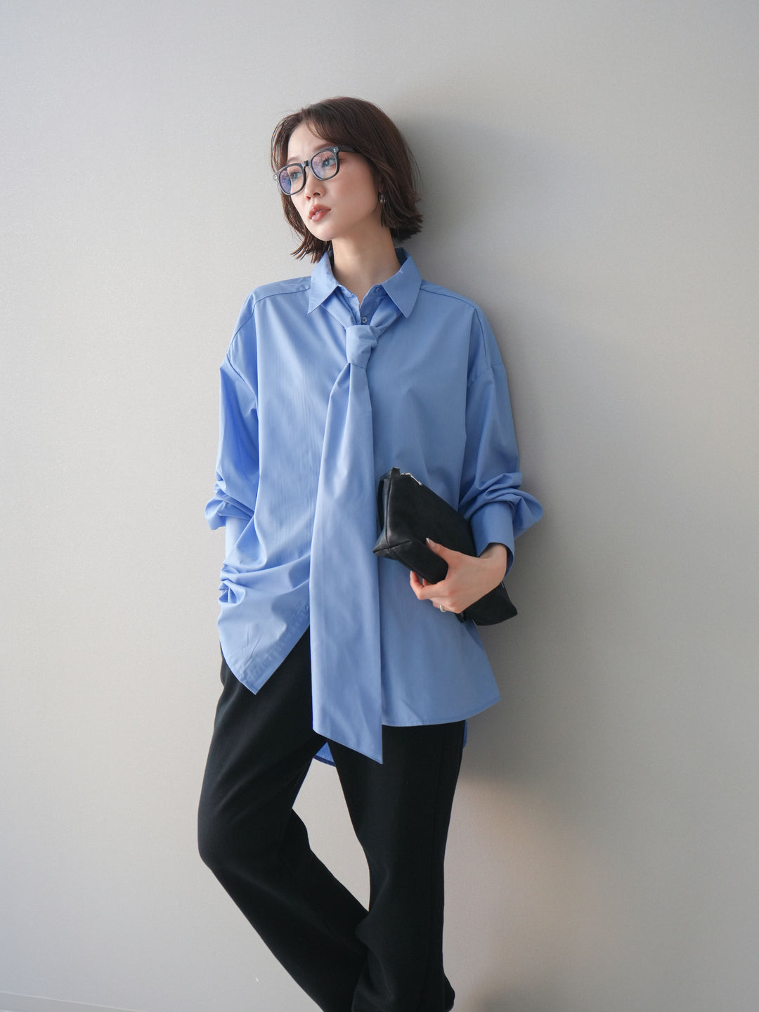 [予約]ボウタイ付オーバーシャツ/blue