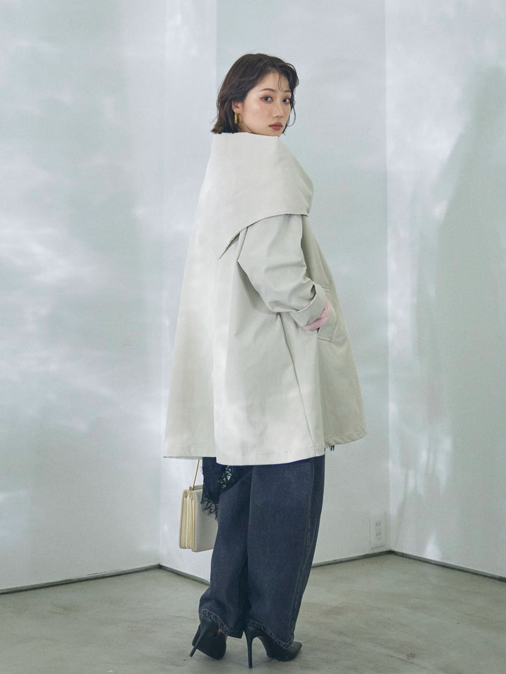 【Allure】[SET]スカーフ付ステンカラーミディアムコート+モヘアタッチ透かし編みボートネックニットプルオーバー+アシメカーブデニムパンツ(3set)