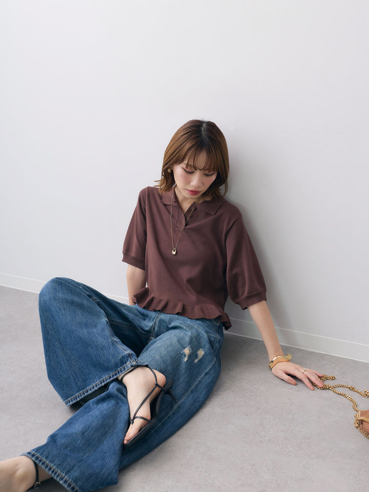 [予約]クールタッチポロフリルニットプルオーバー/brown
