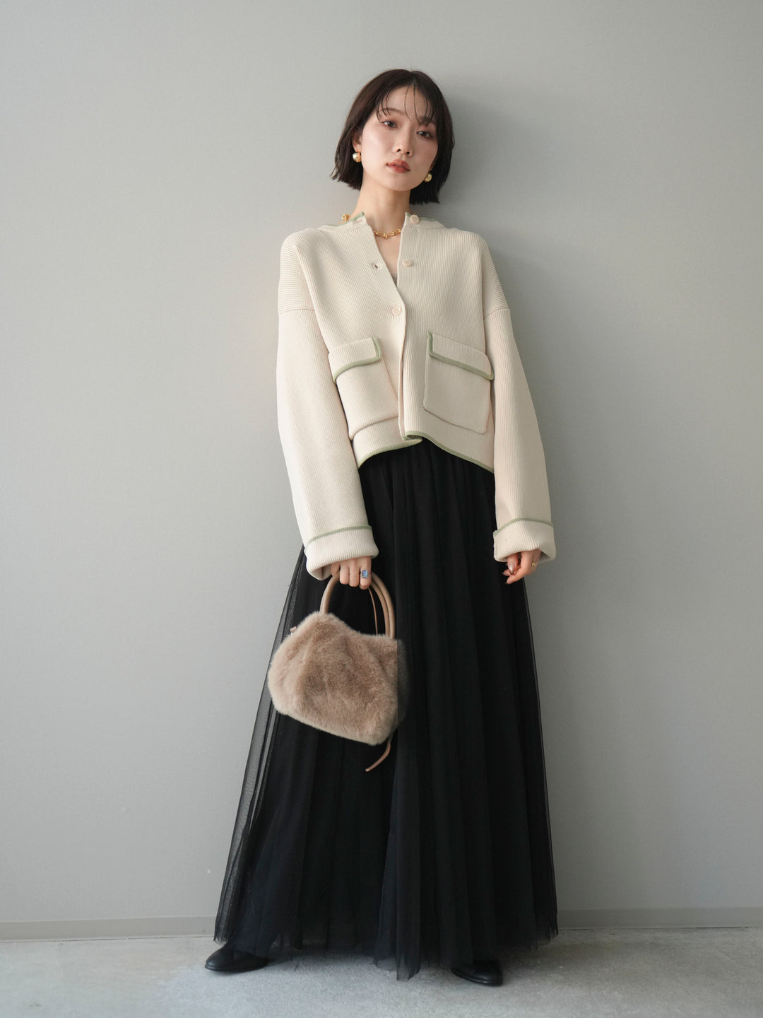 [SET]ポリエステル配色ニットカーディガン+チュールボリュームスカート(2set)