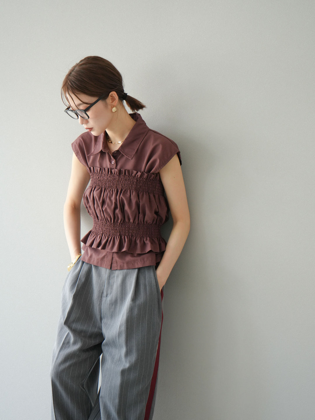 [予約]ブロードシャーリングビスチェ＆ノースリブラウスSET /ブラウン