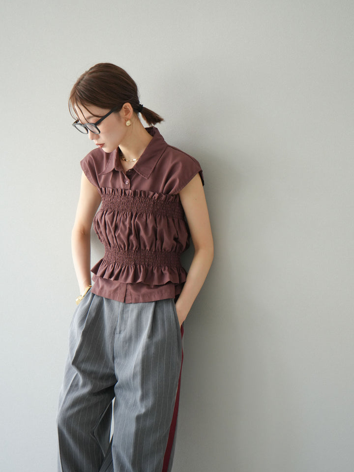 [予約]ブロードシャーリングビスチェ＆ノースリブラウスSET /ブラウン