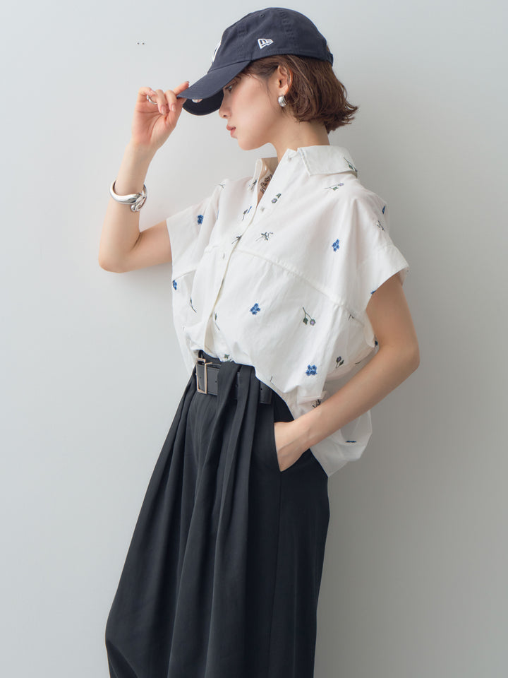 【套裝】花卉刺繡燈籠無袖襯衫+腰帶設計環扣闊腿褲（兩件套）