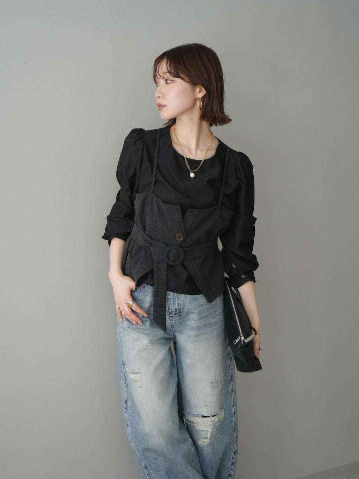 [SET]異素材ビスチェドッキングブラウス+選べるアクセセット(2set)