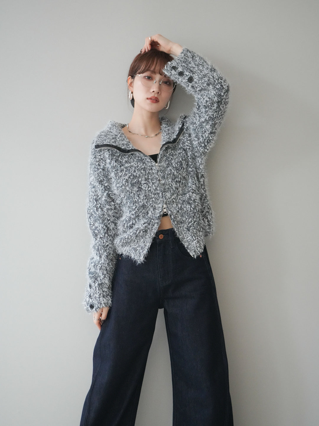 [予約]ミックスシャギージップニットカーディガン/black