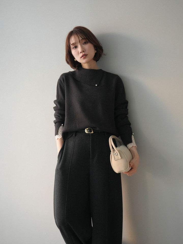 [予約]袖レースパール付き配色ニットトップス/darkbrown