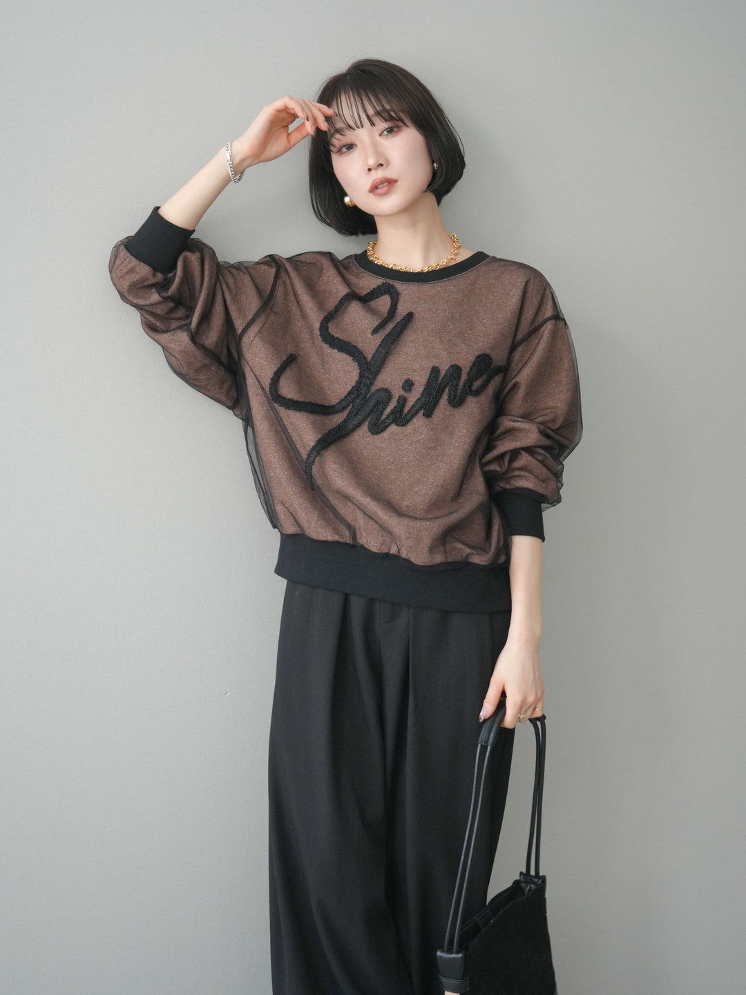 [予約]チュールレイヤードロゴスエットプルオーバー/brown