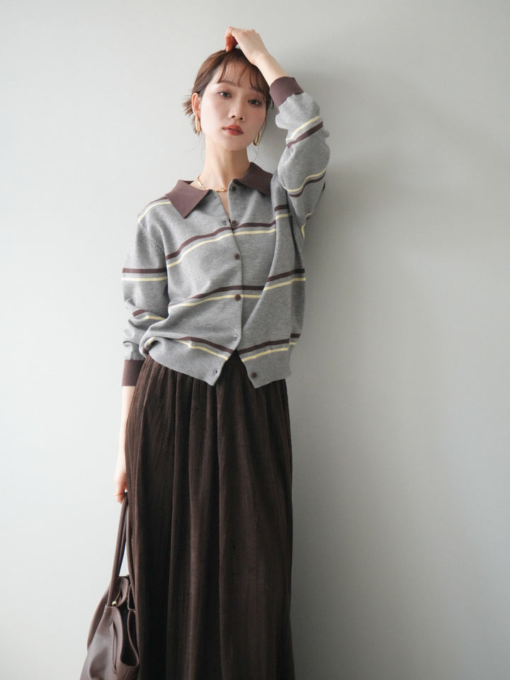 [予約]配色マルチボーダーポロニットカーディガン/gray