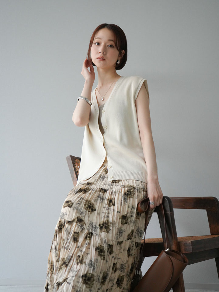 [SET] V領人造絲針織背心+花邊長裙（2件組）