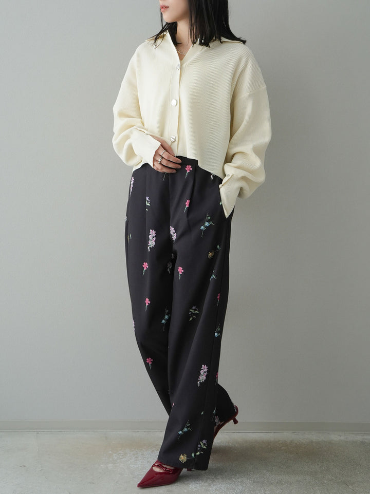 [SET]ボリュームスリーブポロニットカーディガン+フラワーアートプリントタックパンツ(2set)