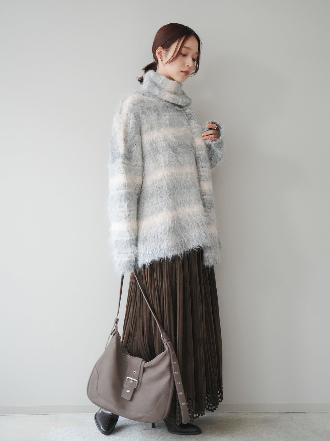 [予約]パンチングデザインスエードプリーツスカート/brown