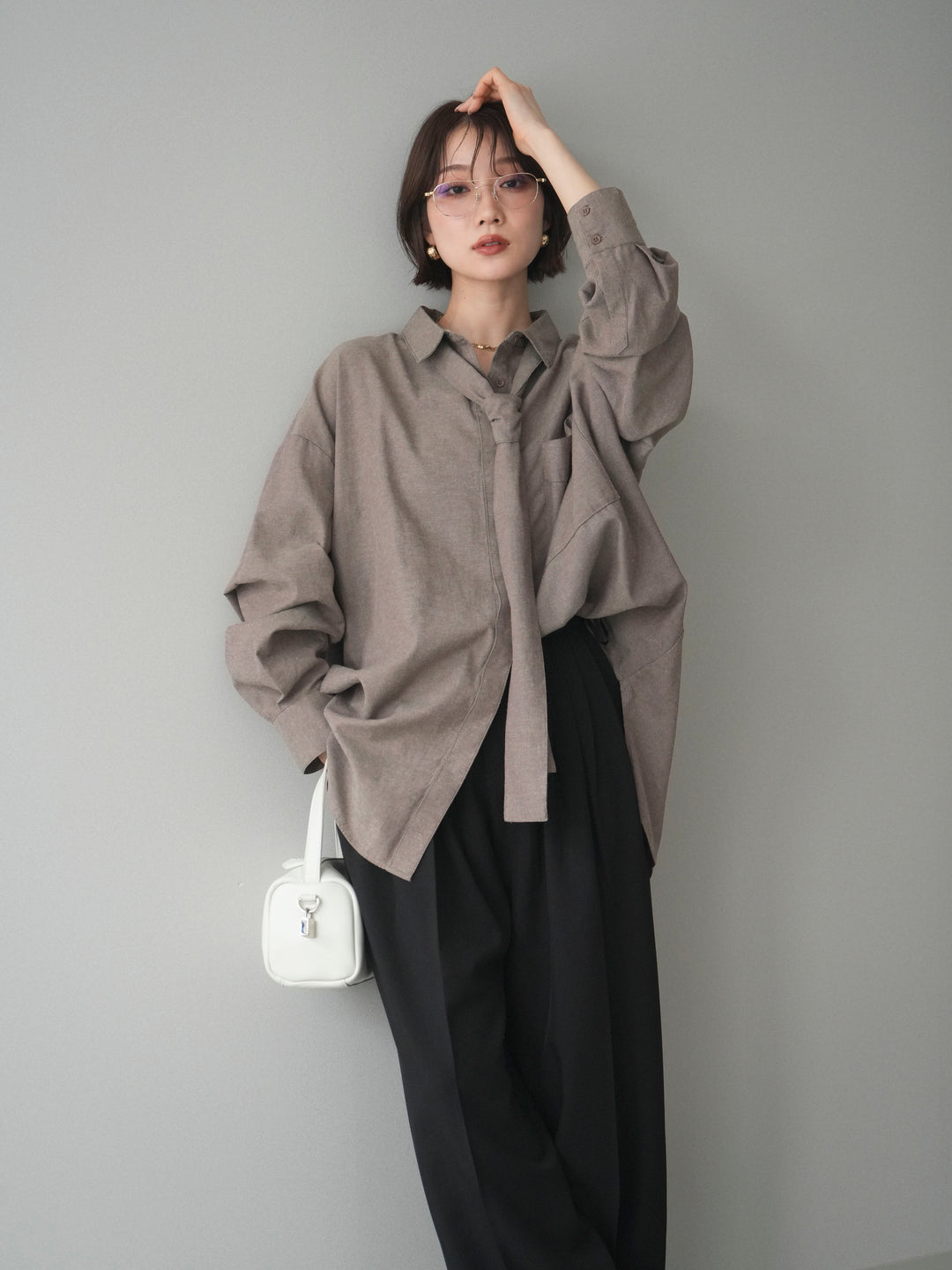 [予約]コットンライクボウタイオーバーシャツ/brown