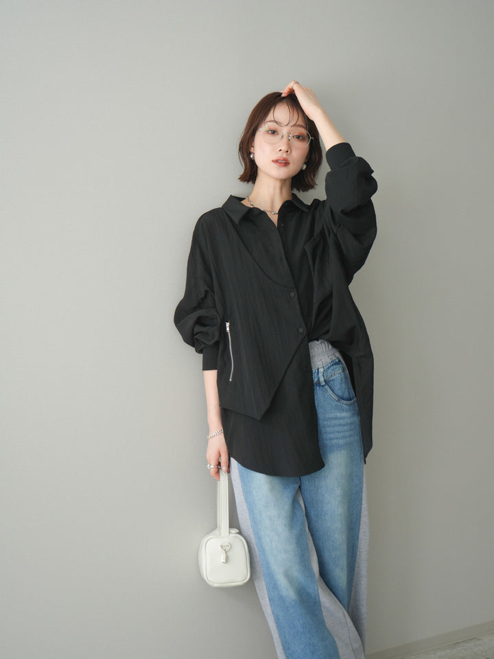 [予約]リブカフスアシンメトリーZIPデザインオーバーシャツ/black