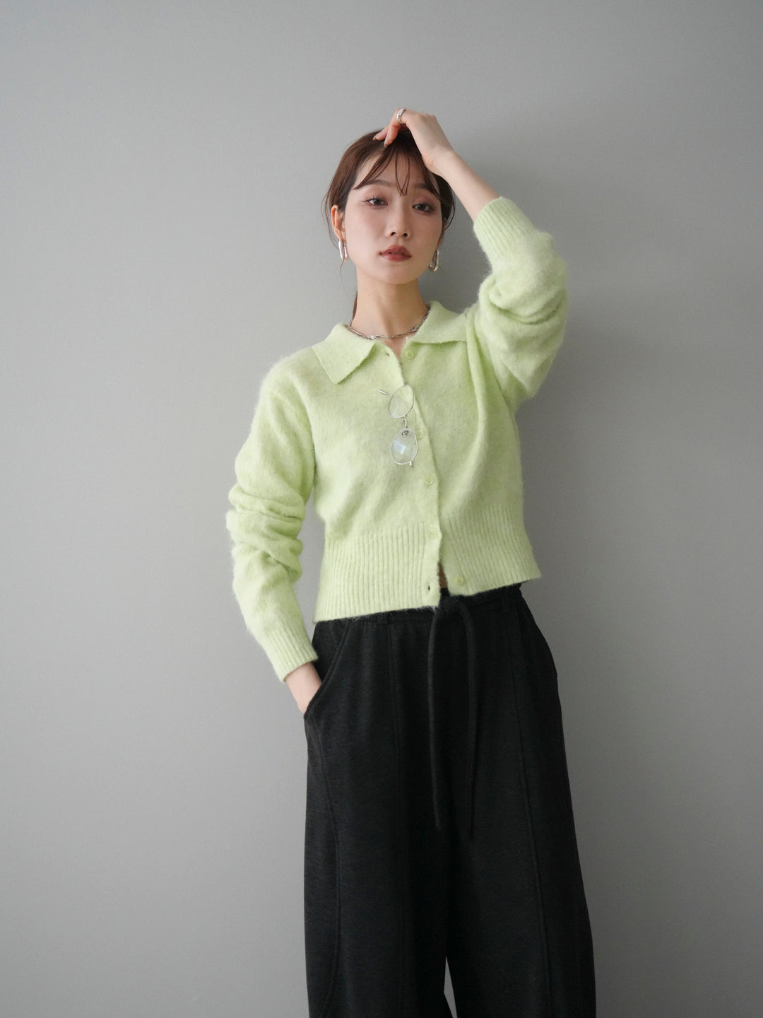 [予約]モヘア衿付きボタンプルオーバー/lime