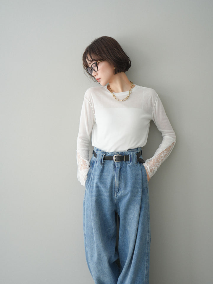 [SET]袖レースレイヤードデザインメロートップス+ハイウエストベルトループデザインデニムパンツ(2set)