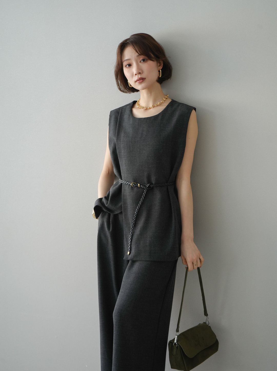 [SET]ベルト付ノースリーブトップス＆ワイドパンツSETUP