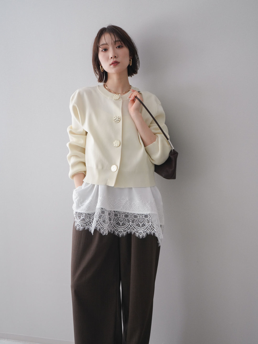 [SET]メタルボタンクルーネックニットカーディガン+選べるアクセセット(2set)