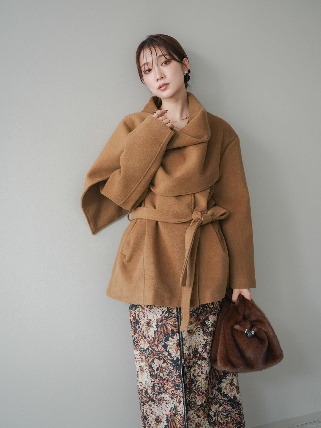 [予約]ストールデザインショートコート/camel