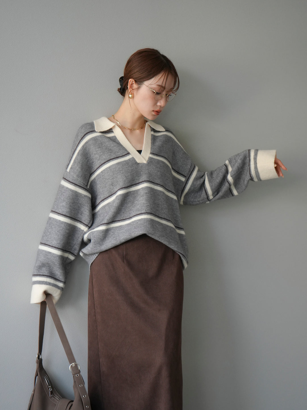 [予約]ポロ襟スキッパーボーダーニットプルオーバー/グレー