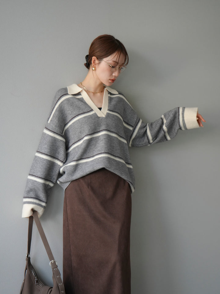 [予約]ポロ襟スキッパーボーダーニットプルオーバー/グレー