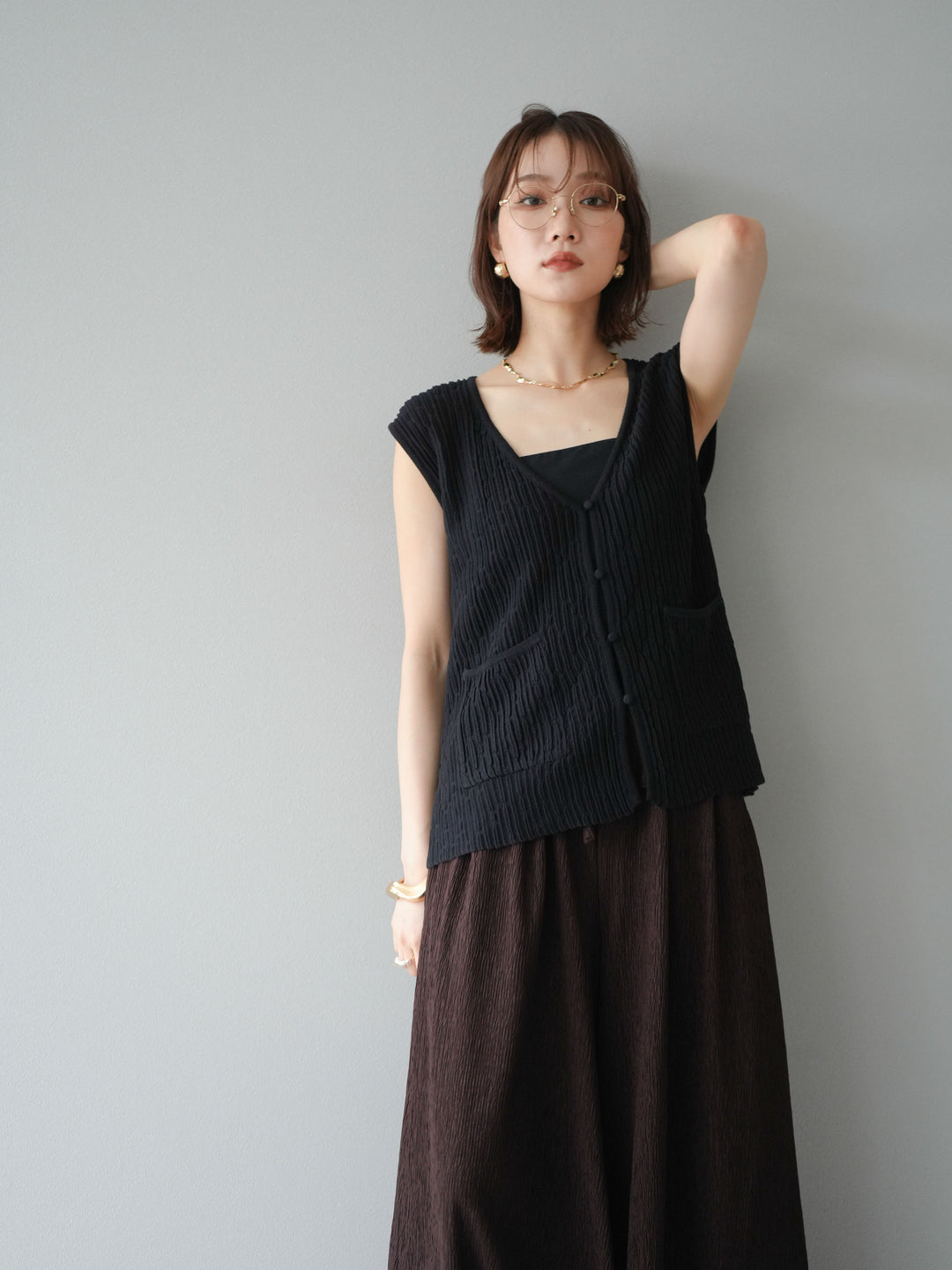 [SET] 波浪夏季針織背心+柳葉寬腿褲（2件套）