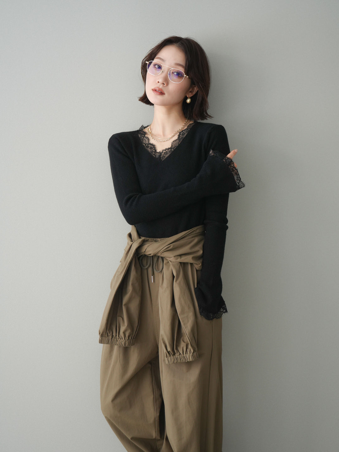 [SET]レースドッキングVネックニットトップス+レースドッキングVネックニットトップス(2set)