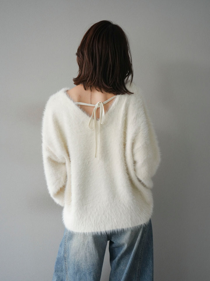 [予約]バックリボンVネックシャギーニットプルオーバー/ivory