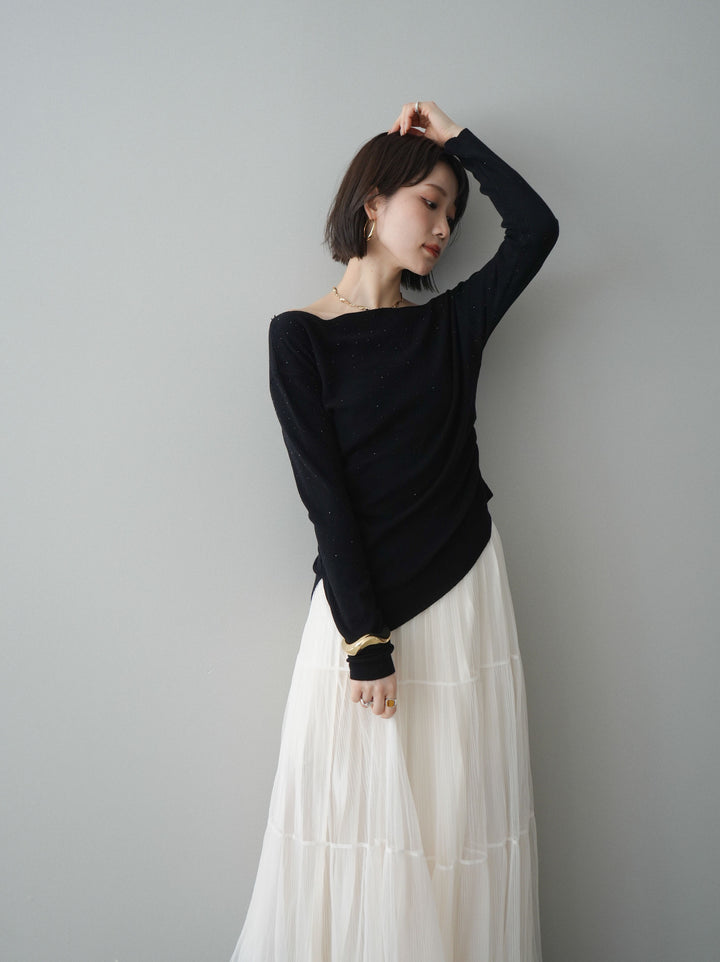 [予約]ラインストーンアシンメトリーニットトップス/black