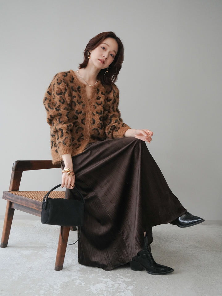 [SET]モヘアタッチレオパード柄ニットカーディガン+ワッシャーベロアプリーツスカート(2set)