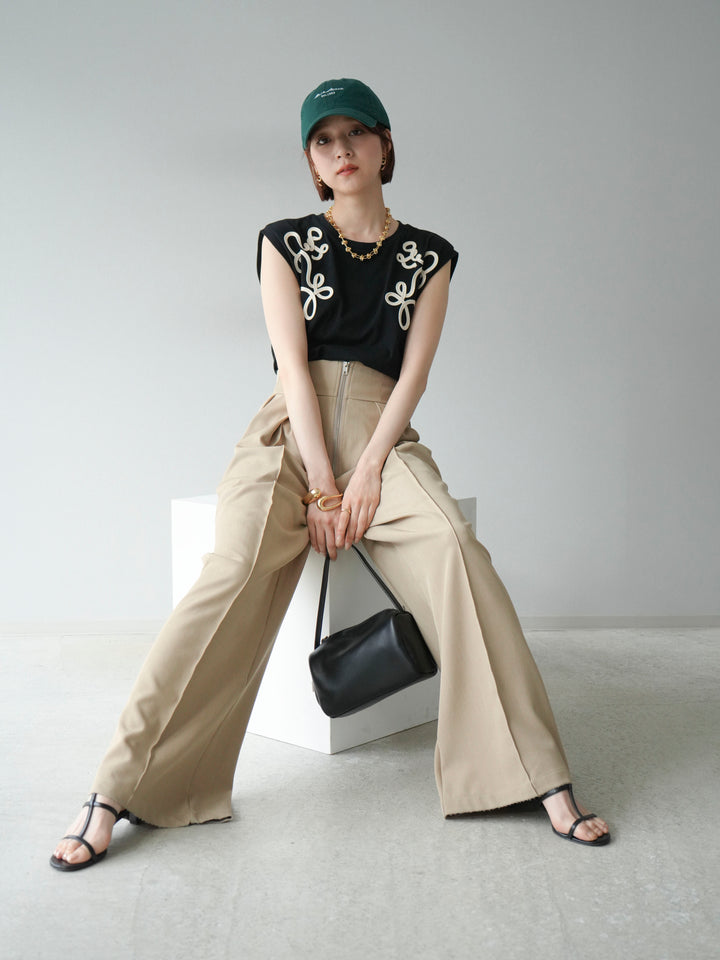 [SET]コード刺繍フレンチスリーブTシャツ+ジップタックワイドパンツ(2set)