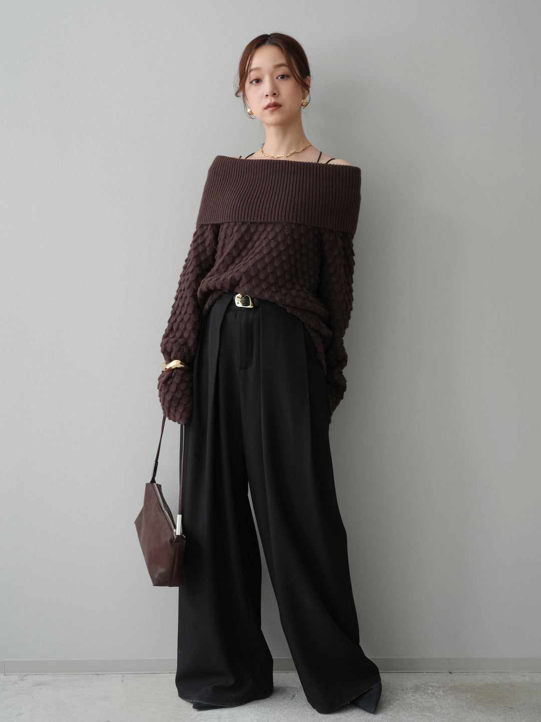 [SET]ポコポコ編みオフショルニットプルオーバー+ベルトループデザインワイドパンツ(2set)