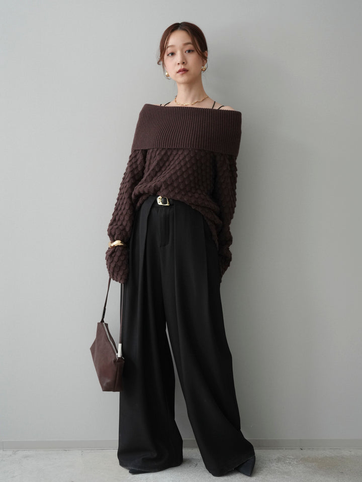 [SET]ポコポコ編みオフショルニットプルオーバー+ベルトループデザインワイドパンツ(2set)