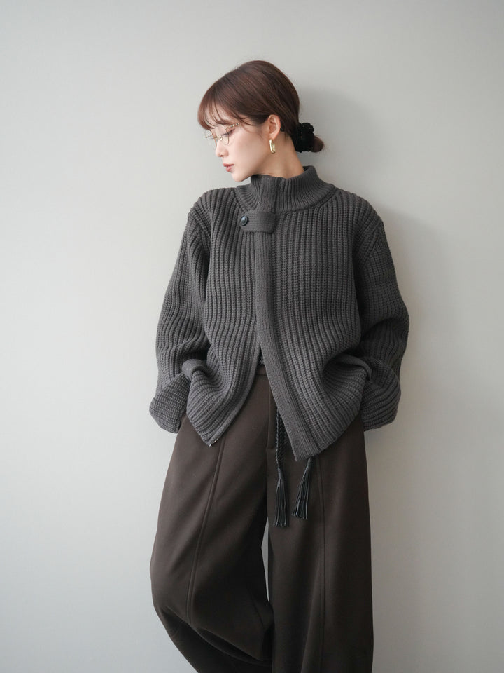 [SET]畦編みボトルネックZIPニットカーディガン+選べるアクセセット(2set)