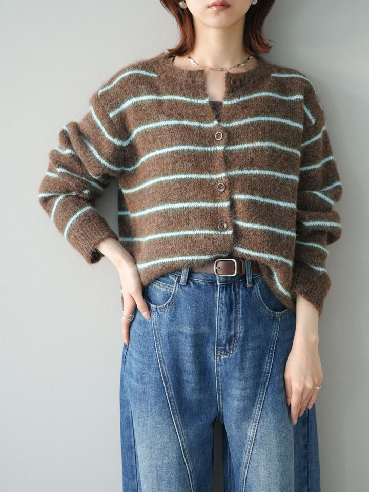 [予約]ボーダーシャギーニットカーディガン/brown