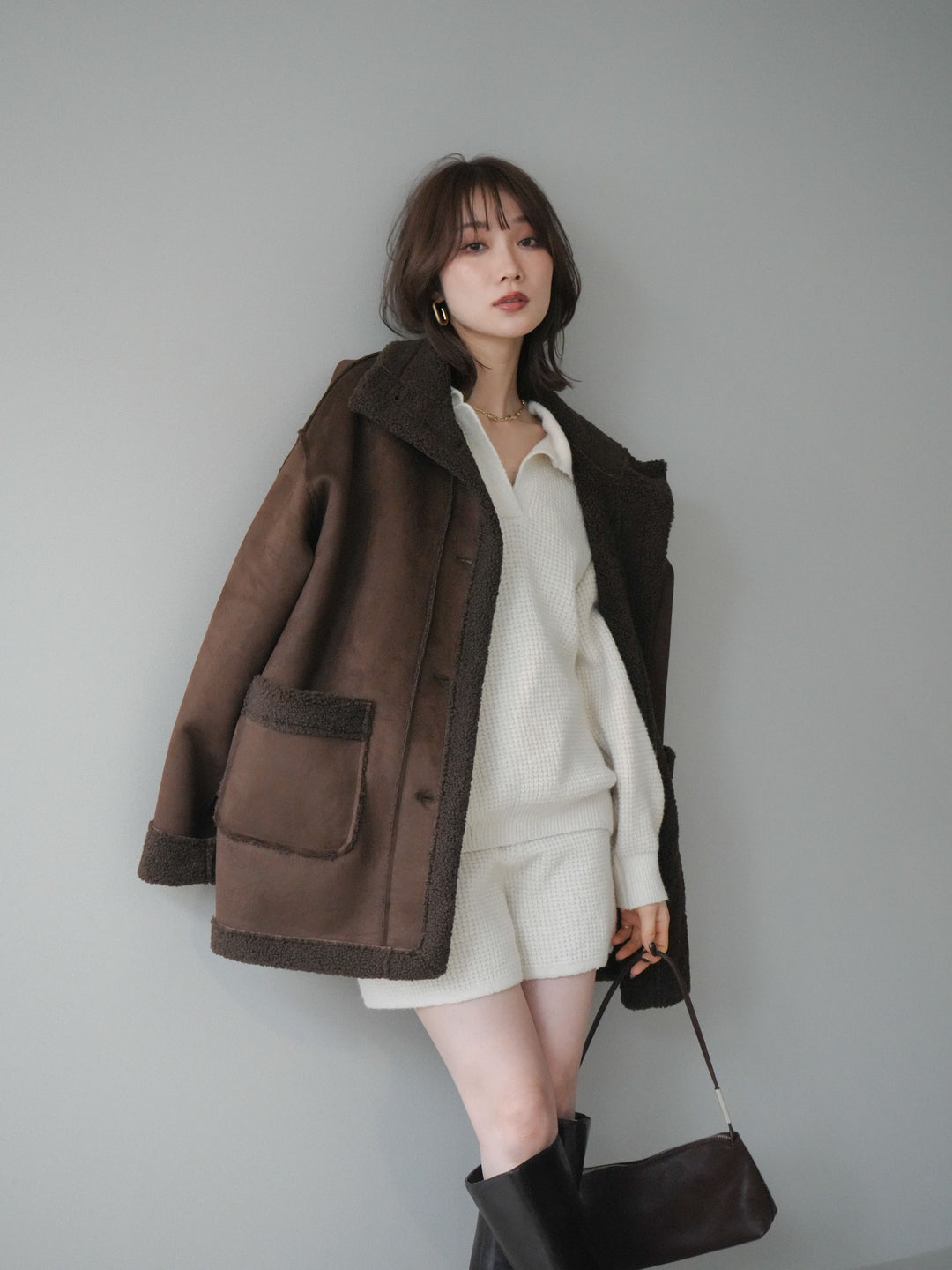 [SET]ポロニットプルオーバー＆ショートパンツSET UP+スタンドネックフェイクムートンミディアムコート(2set)