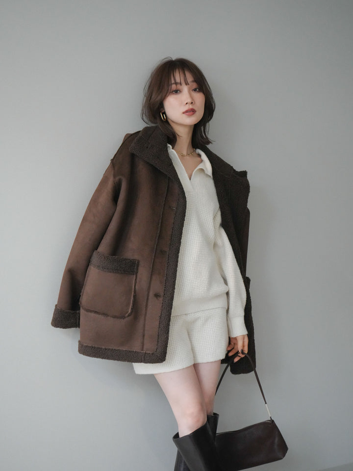 [SET]ポロニットプルオーバー＆ショートパンツSET UP+スタンドネックフェイクムートンミディアムコート(2set)