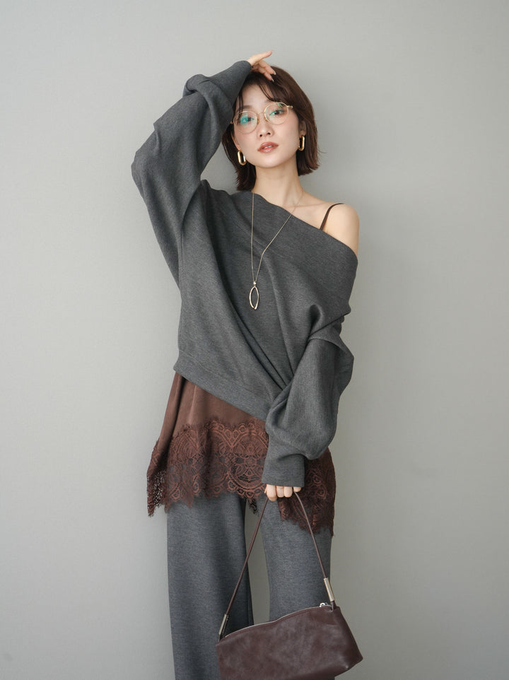[予約]アシンメトリーオフショルポンチプルオーバー/charcoal