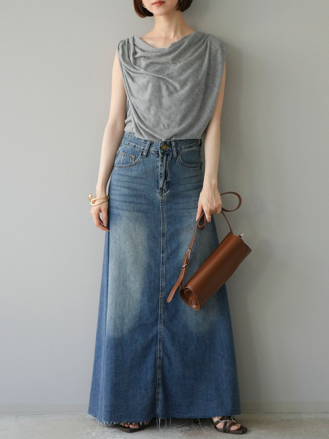 [予約]ビーズチェーン付ドレープトップス/グレー