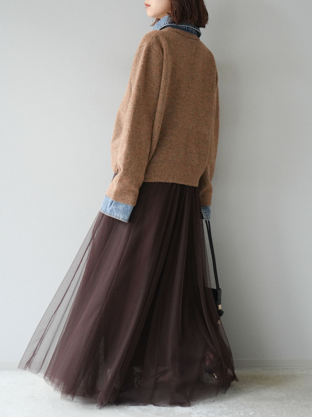 [SET]デニム襟ボタンニットカーディガン+チュールボリュームスカート(2set)