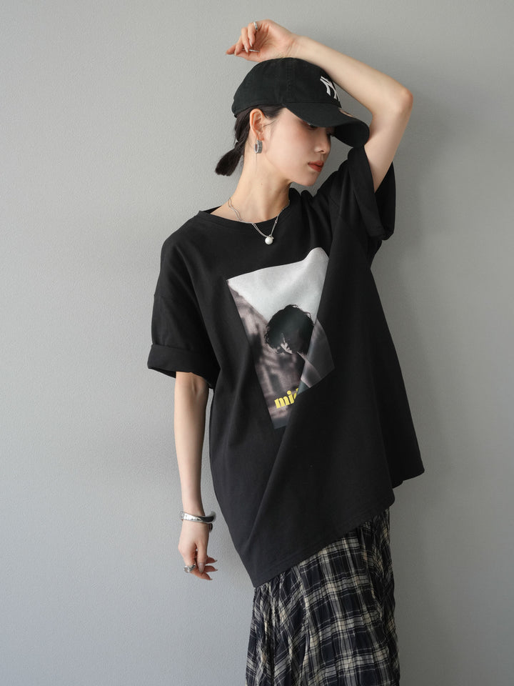 [SET]ネオンロゴフォトプリントBIG Tシャツ+シアーチェックアシンメトリーワッシャースカート(2set)