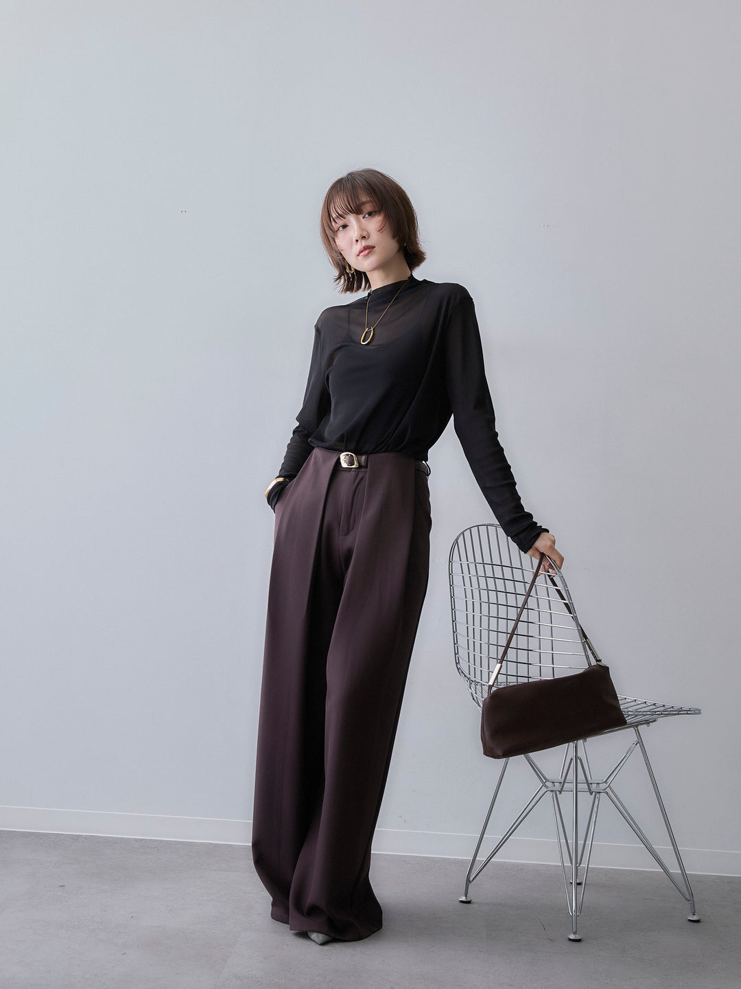 [SET]メッシュボトルネックトップス+ベルトループデザインワイドパンツ(2set)